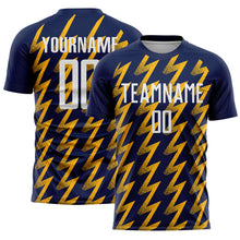 Load image into Gallery viewer, Custom Navy White-Gold Zigzag Shape Sublimation Soccer Uniform Jersey
