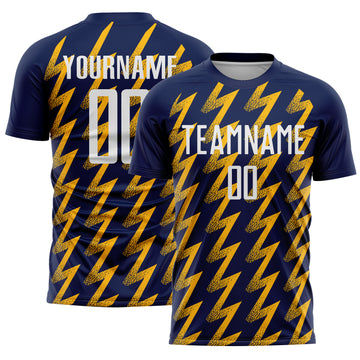 Custom Navy White-Gold Zigzag Shape Sublimation Soccer Uniform Jersey