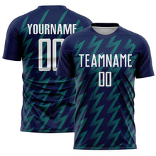 Load image into Gallery viewer, Custom Navy White-Teal Zigzag Shape Sublimation Soccer Uniform Jersey
