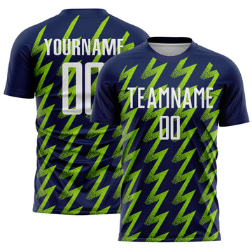 Custom Navy White-Neon Green Zigzag Shape Sublimation Soccer Uniform Jersey