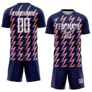 Custom Navy White-Medium Pink Zigzag Shape Sublimation Soccer Uniform Jersey