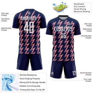 Custom Navy White-Medium Pink Zigzag Shape Sublimation Soccer Uniform Jersey