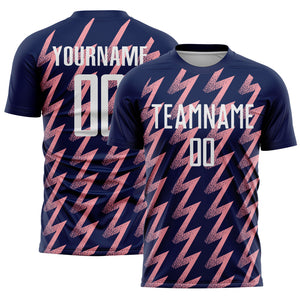 Custom Navy White-Medium Pink Zigzag Shape Sublimation Soccer Uniform Jersey