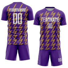 Load image into Gallery viewer, Custom Purple White-Old Gold Zigzag Shape Sublimation Soccer Uniform Jersey
