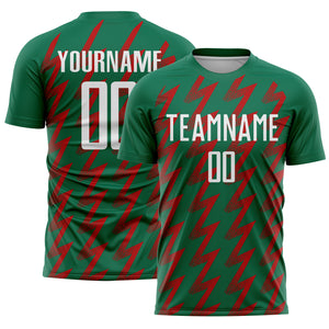 Custom Kelly Green White-Red Zigzag Shape Sublimation Soccer Uniform Jersey