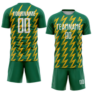 Custom Kelly Green White-Gold Zigzag Shape Sublimation Soccer Uniform Jersey