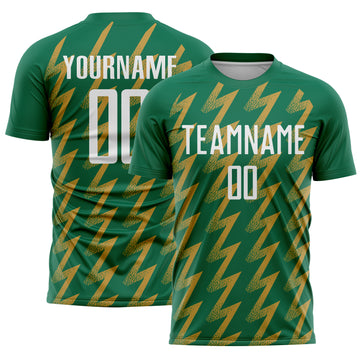 Custom Kelly Green White-Old Gold Zigzag Shape Sublimation Soccer Uniform Jersey