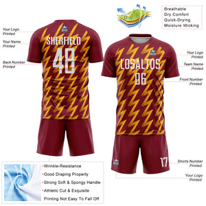 Custom Crimson White-Gold Zigzag Shape Sublimation Soccer Uniform Jersey