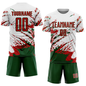 Custom White Red-Green Abstract Fragment Art Splash Sublimation Soccer Uniform Jersey