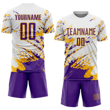 Load image into Gallery viewer, Custom White Purple-Gold Abstract Fragment Art Splash Sublimation Soccer Uniform Jersey
