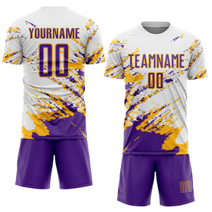 Custom White Purple-Gold Abstract Fragment Art Splash Sublimation Soccer Uniform Jersey