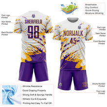 Load image into Gallery viewer, Custom White Purple-Gold Abstract Fragment Art Splash Sublimation Soccer Uniform Jersey
