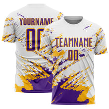 Load image into Gallery viewer, Custom White Purple-Gold Abstract Fragment Art Splash Sublimation Soccer Uniform Jersey
