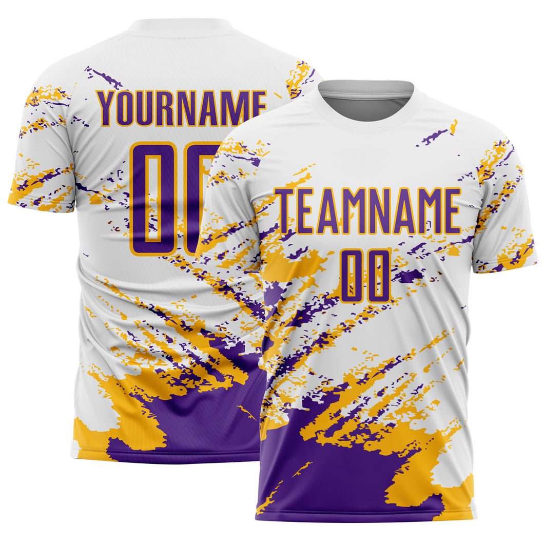 Custom White Purple-Gold Abstract Fragment Art Splash Sublimation Soccer Uniform Jersey