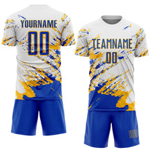 Load image into Gallery viewer, Custom White Thunder Blue-Gold Abstract Fragment Art Splash Sublimation Soccer Uniform Jersey
