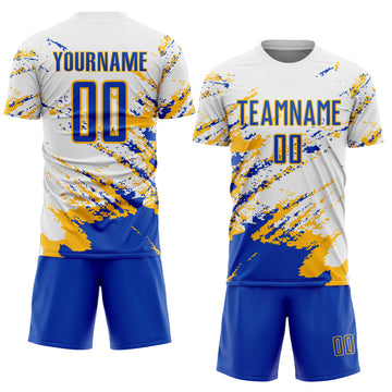 Custom White Thunder Blue-Gold Abstract Fragment Art Splash Sublimation Soccer Uniform Jersey