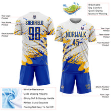 Load image into Gallery viewer, Custom White Thunder Blue-Gold Abstract Fragment Art Splash Sublimation Soccer Uniform Jersey
