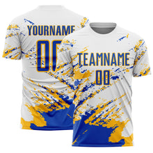 Load image into Gallery viewer, Custom White Thunder Blue-Gold Abstract Fragment Art Splash Sublimation Soccer Uniform Jersey
