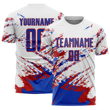 Load image into Gallery viewer, Custom White Thunder Blue-Red Abstract Fragment Art Splash Sublimation Soccer Uniform Jersey
