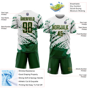 Custom White Green Kelly Green-Gold Abstract Fragment Art Splash Sublimation Soccer Uniform Jersey