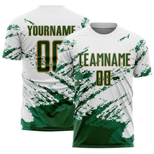 Load image into Gallery viewer, Custom White Green Kelly Green-Gold Abstract Fragment Art Splash Sublimation Soccer Uniform Jersey
