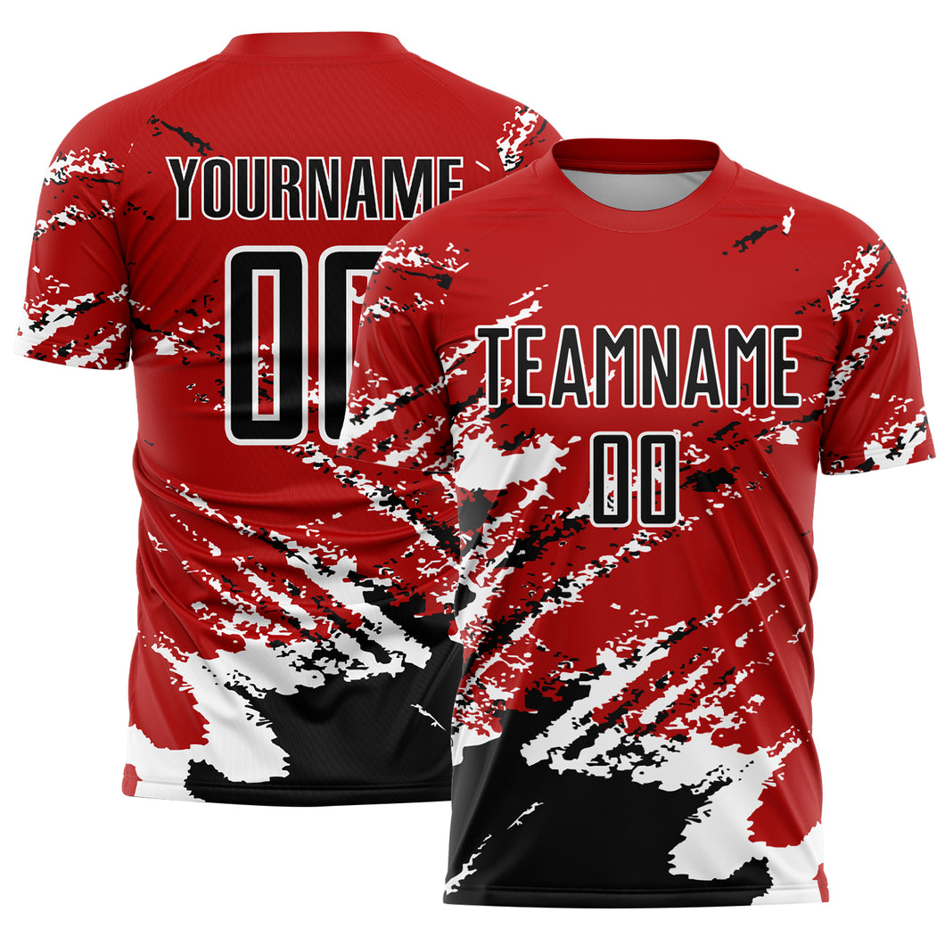 Custom Red Black-White Abstract Fragment Art Splash Sublimation Soccer Uniform Jersey