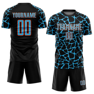 Custom Black Sky Blue-Orange Abstract Network Splash Sublimation Soccer Uniform Jersey