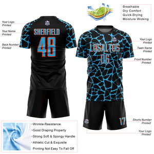 Custom Black Sky Blue-Orange Abstract Network Splash Sublimation Soccer Uniform Jersey