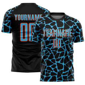 Custom Black Sky Blue-Orange Abstract Network Splash Sublimation Soccer Uniform Jersey