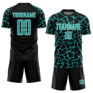 Custom Black Aqua-White Abstract Network Splash Sublimation Soccer Uniform Jersey