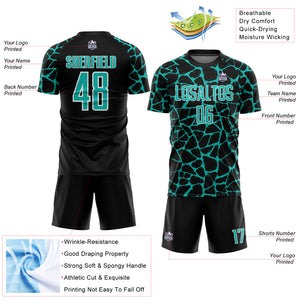 Custom Black Aqua-White Abstract Network Splash Sublimation Soccer Uniform Jersey