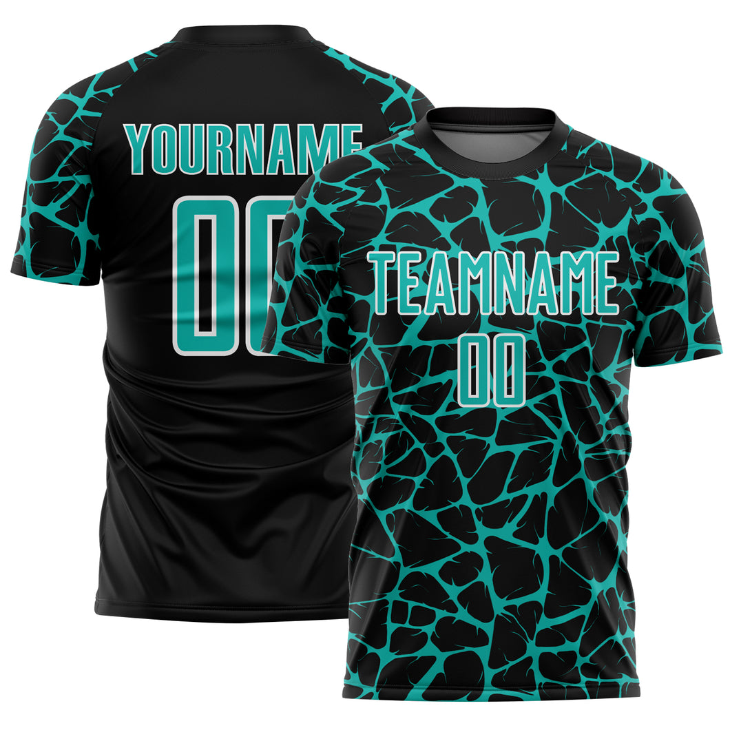 Custom Black Aqua-White Abstract Network Splash Sublimation Soccer Uniform Jersey