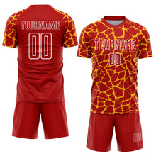 Load image into Gallery viewer, Custom Red Gold-White Abstract Network Splash Sublimation Soccer Uniform Jersey
