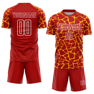 Custom Red Gold-White Abstract Network Splash Sublimation Soccer Uniform Jersey