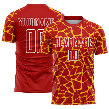 Custom Red Gold-White Abstract Network Splash Sublimation Soccer Uniform Jersey