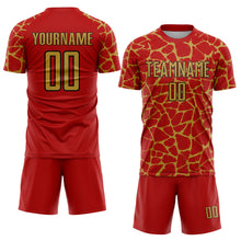 Load image into Gallery viewer, Custom Red Old Gold-Black Abstract Network Splash Sublimation Soccer Uniform Jersey
