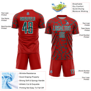 Custom Red Teal-White Abstract Network Splash Sublimation Soccer Uniform Jersey