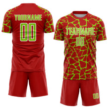 Load image into Gallery viewer, Custom Red Neon Green-White Abstract Network Splash Sublimation Soccer Uniform Jersey
