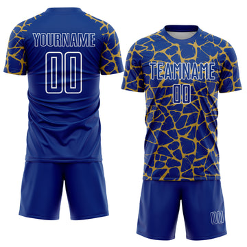 Custom Royal Old Gold-White Abstract Network Splash Sublimation Soccer Uniform Jersey