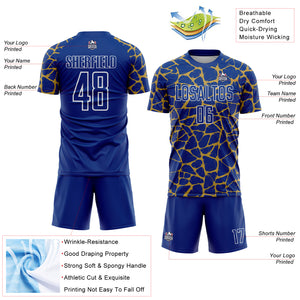 Custom Royal Old Gold-White Abstract Network Splash Sublimation Soccer Uniform Jersey