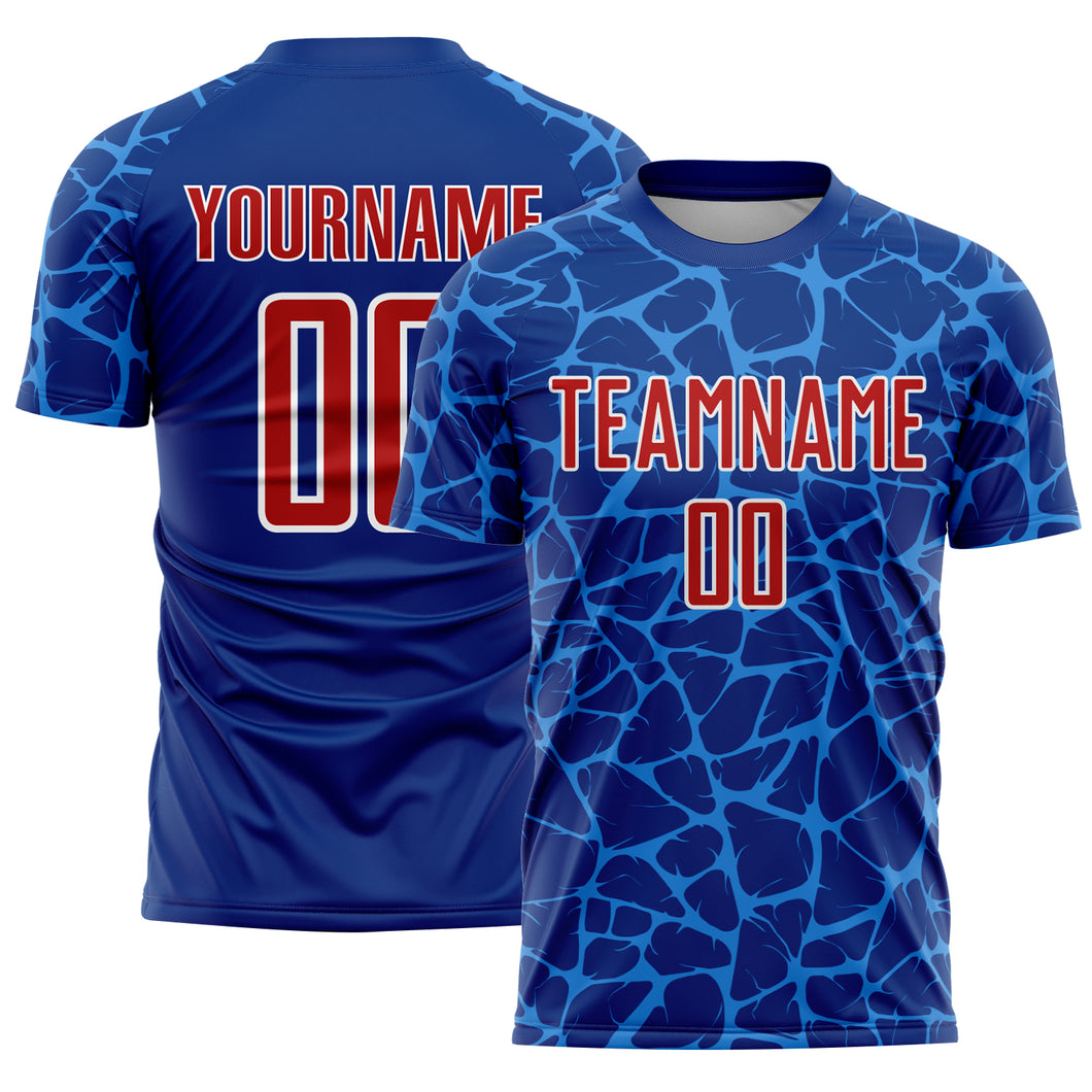 Custom Royal Red-Powder Blue Abstract Network Splash Sublimation Soccer Uniform Jersey