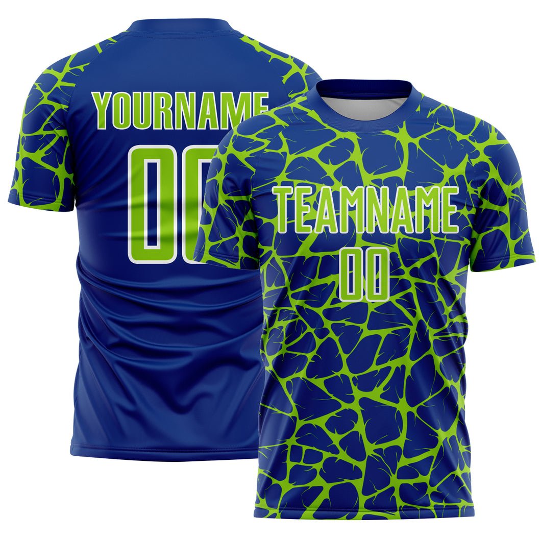 Custom Royal Neon Green-White Abstract Network Splash Sublimation Soccer Uniform Jersey