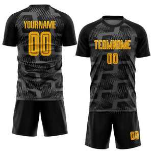 Custom Black Gold-Steel Gray Line Sublimation Soccer Uniform Jersey