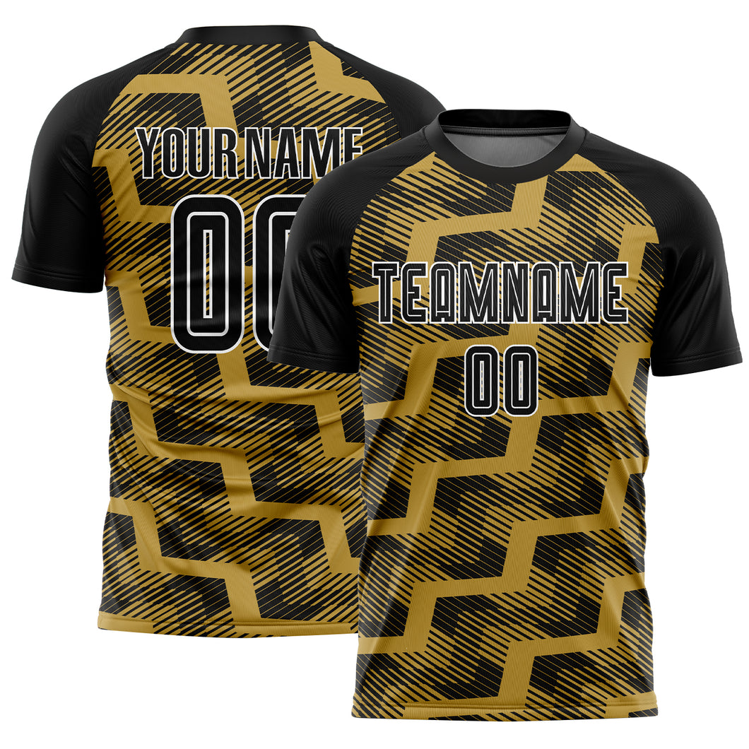 Custom Black Old Gold-White Line Sublimation Soccer Uniform Jersey