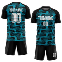 Load image into Gallery viewer, Custom Black White-Teal Line Sublimation Soccer Uniform Jersey
