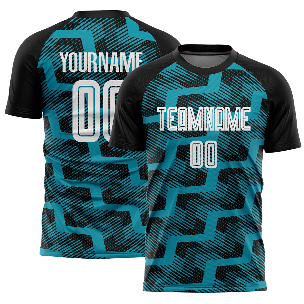 Custom Black White-Teal Line Sublimation Soccer Uniform Jersey