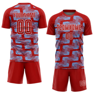 Custom Red Light Blue-White Line Sublimation Soccer Uniform Jersey