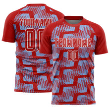 Load image into Gallery viewer, Custom Red Light Blue-White Line Sublimation Soccer Uniform Jersey
