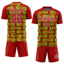 Load image into Gallery viewer, Custom Red Neon Green-White Line Sublimation Soccer Uniform Jersey
