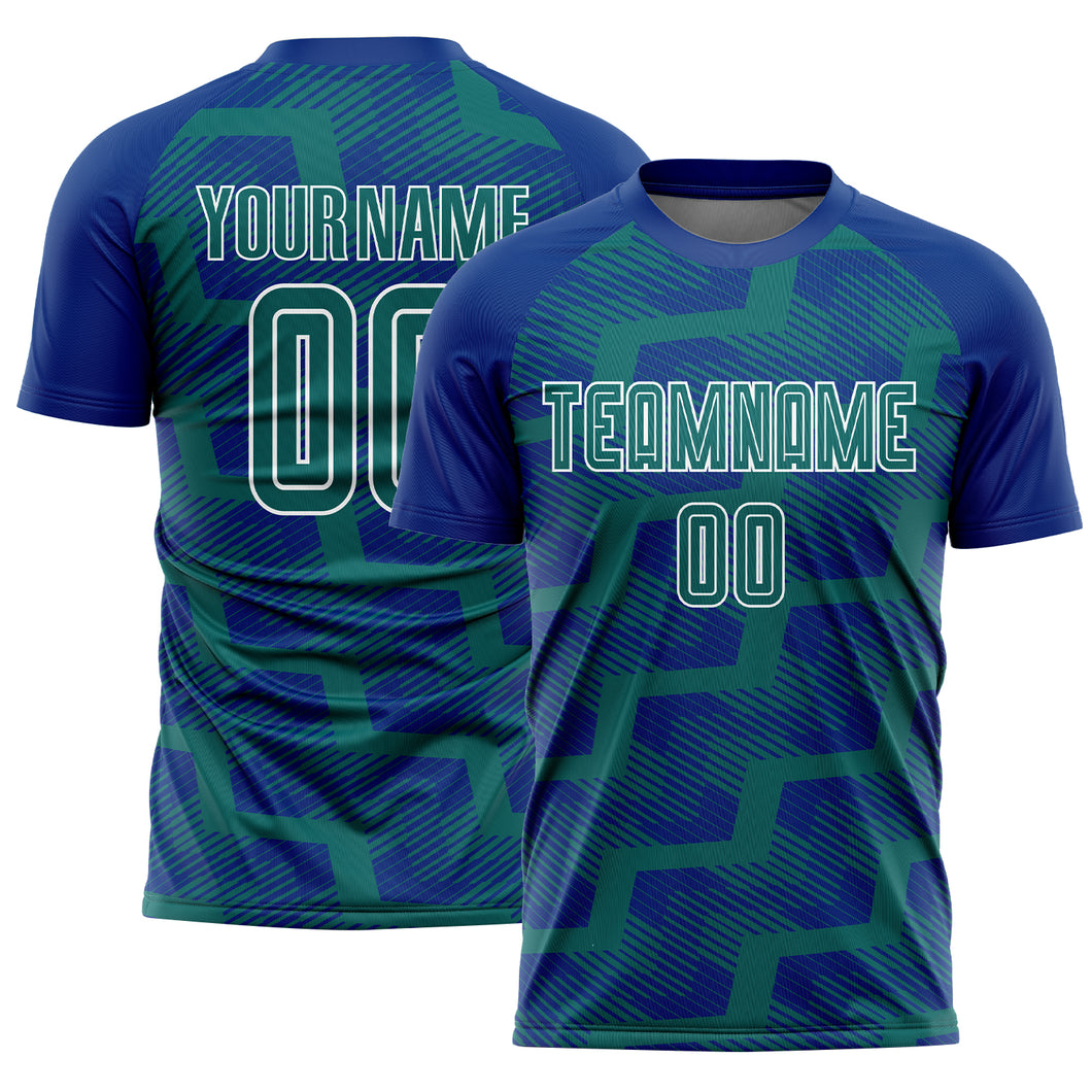 Custom Royal Teal-White Line Sublimation Soccer Uniform Jersey